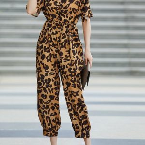 Casual Leopard Regular Fit Shawl Collar Jumpsuit, Jumpsuits, color:Leopard|size:XXL, Stylewe