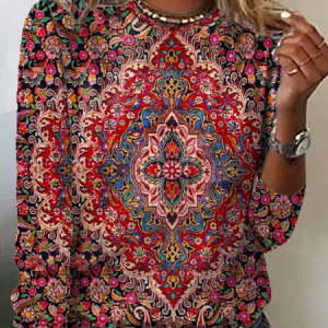 Long Sleeve Casual Ethnic Print T-Shirt, T-shirts, color:Red|size:XXL, Noracora