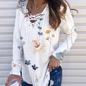 Casual Floral V Neck Long Sleeve Shirt, Shirts & Blouses, color:White|size:XXL, JustFashionNow