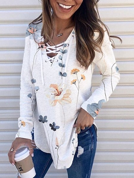 Casual Floral V Neck Long Sleeve Shirt, Shirts & Blouses, color:White|size:XXL, JustFashionNow