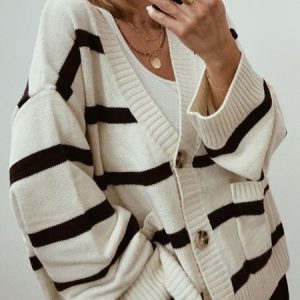 Women Wool/Knitting Striped Long Sleeve Comfy Casual Pocket Stitching Cardigan, Cardigans, color:Stripe|size:XL, Noracora