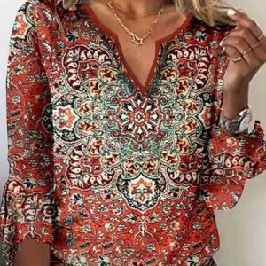 Women's  Red Geometric Printed Long Sleeve V Neck ethnic style t-shirt, T-Shirts, color:Multicolor|size:3XL, JustFashionNow