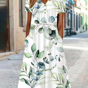 Women Floral Crew Neck Short Sleeve Comfy Elegant Maxi Dress, Maxi, color:Green|size:XXL, Noracora