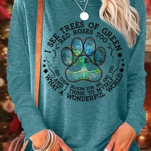 Women's Paw Print What Wonderful World Casual Top, color:Green|size:3XL, Lilicloth.com