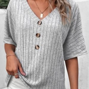 Loose V Neck Casual Buttoned Shirt, Shirts & Blouses, color:Gray|size:XXL, JustFashionNow