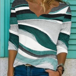 JFN Irregular Neck Striped Geometric Print Casual Daily Loose T-shirt, T-Shirts, color:Green|size:XXL, JustFashionNow
