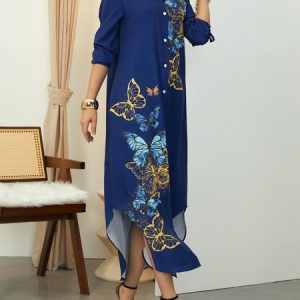 Loose Shirt Collar Floral Vacation Dress, Dresses, color:Blue|size:XXL, Stylewe