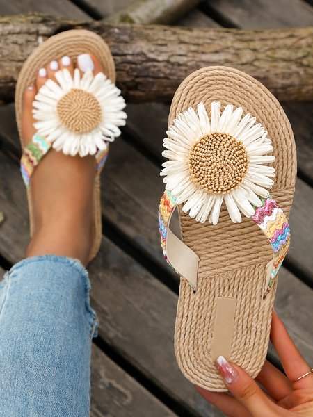 Flower Decor Braided Beach Flip-Flops, Slippers, color:White|size:41, JustFashionNow