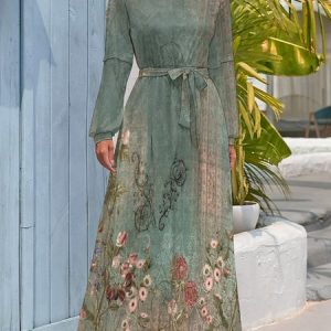 Women Floral Half Turtleneck Long Sleeve Comfy Casual Lace-up Maxi Dress, Dresses, color:Green|size:XL, Noracora