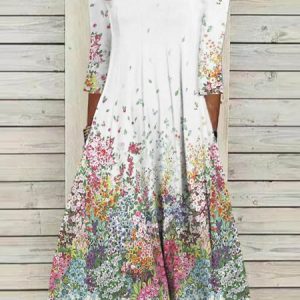 Casual Crew Neck Floral Dress, Maxi, color:White|size:XXL, Noracora