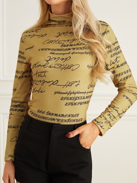 Regular Fit Text Letters Casual Turtleneck T-Shirt, Tops, color:Yellow|size:XXL, Stylewe