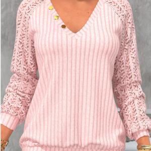 V Neck Casual Lace Loose Sweatshirt, Sweatshirts & Hoodies, color:Pink|size:XXL, JustFashionNow