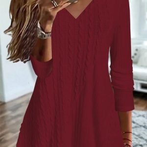 V Neck Loose Plain Patchwork Fabric Casual Tunic Top, Blouses, color:Wine Red|size:XXL, Noracora