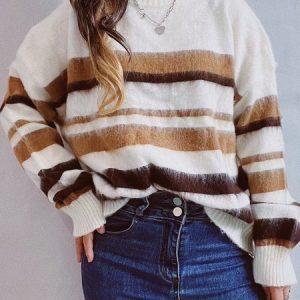 Women Striped Long Sleeve Comfy Casual Sweater, Sweaters, color:Coffee|size:XL, Noracora