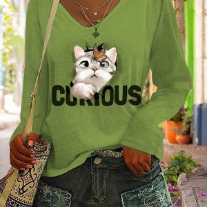Casual Cat Loose V Neck T-Shirt, T-Shirts, color:Green|size:XXL, JustFashionNow