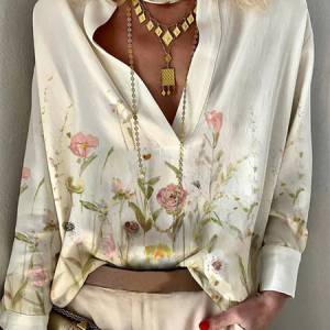 Floral Print Casual Stand Collar V-neck Long-sleeve Blouse Top, Shirts & Blouses, color:Apricot|size:XXL, JustFashionNow