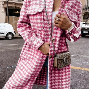 Shawl Collar Long Sleeve Houndstooth Regular Micro-Elasticity Loose Coat For Women, Coats, color:Deep Pink|size:XXL, Noracora