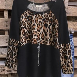 Black Cotton-Blend Casual Crew Neck Leopard Top, Shirts & Blouses, color:Black|size:XXL, JustFashionNow