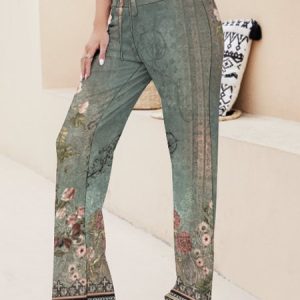 Casual Floral Long Pant, Pants, color:Green|size:3XL, Noracora