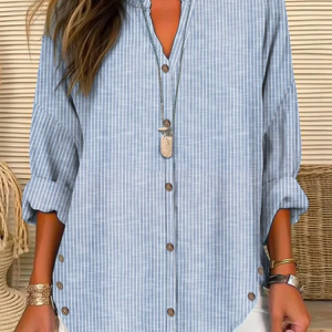 Striped Buckle Casual Blouse Plus Size, TOPS, color:Blue|size:4X, Noracora