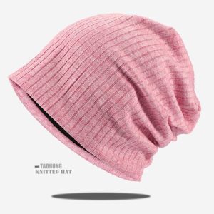 Solid Color Striped Knitted Pile Hat, Women Hats, color:Peach|size:One-size, JustFashionNow