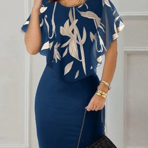 Regular Fit Vacation Crew Neck Floral Dress, Mini Dresses, color:Purplish blue|size:XXL, Stylewe