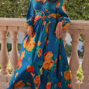 Vacation Long Sleeve Floral V Neck Regular Fit Maxi Dress, Dresses, color:Blue|size:XS, Stylewe