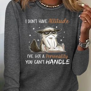 Women's Funny Cat I Don't Have Attitude Casual Crew Neck Shirt, color:Gray|size:3XL, Lilicloth.com