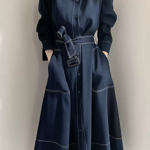Loose Stand Collar Long Sleeve Urban Dress With Belt, Midi Dresses, color:Navyblue|size:XXL, Stylewe