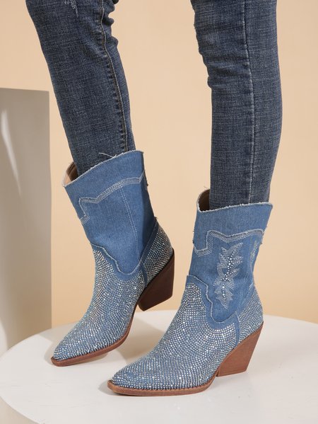 Blue Denim Rhinestone Embellishment Pointed Toe Cowboy Boots, Boots, color:Denim Blue|size:41, Stylewe