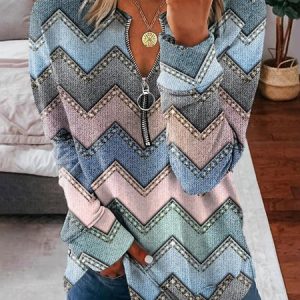 V Neck Geometric Regular Fit Casual Sweatshirt, Sweatshirts & Hoodies, color:Blue|size:XXL, JustFashionNow
