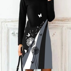 Casual Crew Neck Color Block Regular Fit Dress, Midi, color:Black|size:XXL, catalog Noracora shop