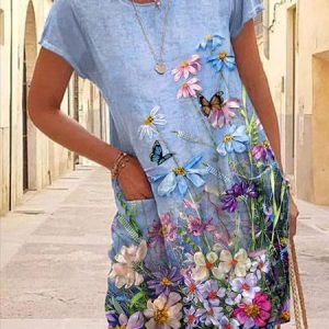 Floral Casual Crew Neck Dress, Dresses, color:Blue|size:XXL, JustFashionNow