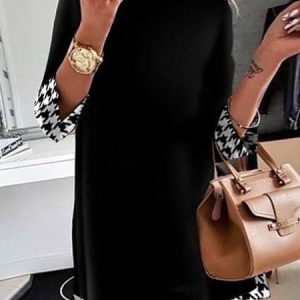 Long sleeve Stand Collar Houndstooth Regular Fit Dress, Mini Dresses, color:Black|size:XXL, Stylewe