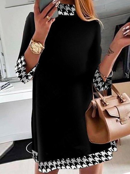 Long sleeve Stand Collar Houndstooth Regular Fit Dress, Mini Dresses, color:Black|size:XXL, Stylewe