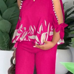 Vacation Cold Shoulder Floral Print Loose Shirt, Blouses and Shirts, color:Rose Red|size:XXL, Stylewe