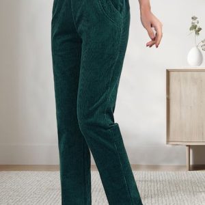 Women Plain Corduroy Elastic Waist Pocket Loose Turnip Pants, Pants, color:Dark Green|size:XXL, JustFashionNow