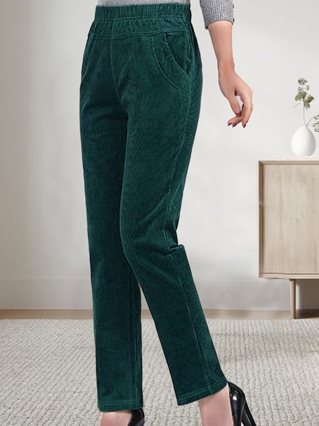 Women Plain Corduroy Elastic Waist Pocket Loose Turnip Pants, Pants, color:Dark Green|size:XXL, JustFashionNow