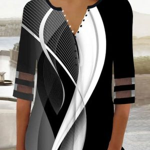 Abstract Casual V Neck Shirt, Shirts & Blouses, color:Black|size:XXL, JustFashionNow