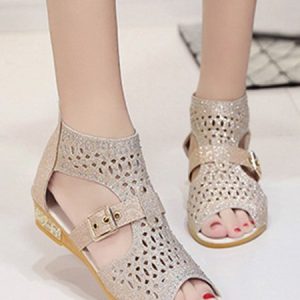 Party Glitter Cutout Buckle Rhinestone Wedge Sandals, Sandals, color:Beige|size:41, JustFashionNow