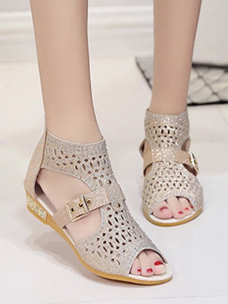Party Glitter Cutout Buckle Rhinestone Wedge Sandals, Sandals, color:Beige|size:41, JustFashionNow