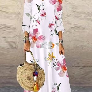 Casual Loose V Neck Floral Dress, Dresses, color:White|size:XXL, JustFashionNow