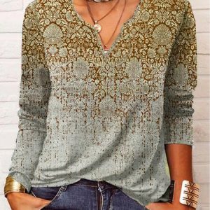 Ethnic Long Sleeve Notched Casual T-Shirt, T-Shirts, color:Khaki|size:3XL, JustFashionNow