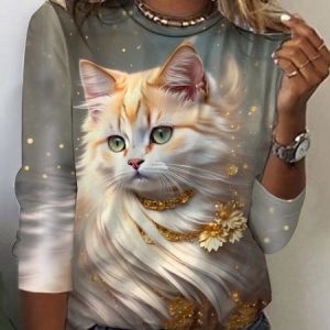 Knitted Cat Crew Neck Casual T-Shirt, T-Shirts, color:Gray|size:XXL, JustFashionNow