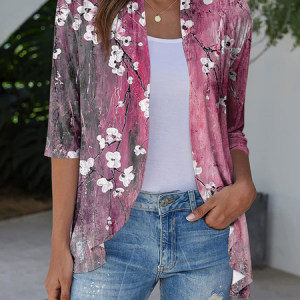 Shawl Collar Three Quarter Sleeve Geometric Thicken Micro-Elasticity Loose Kimono For Women, Kimono, color:Pink|size:5XL, Noracora