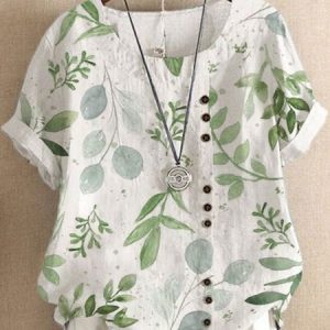 JFN Round Neck Leaves Buttoned Casual Blouse, Shirts & Blouses, color:White|size:XXL, JustFashionNow