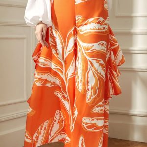 Daily High Waist Leaf Elegant Regular Fit Pants, Pants, color:Orange|size:XXL, Stylewe