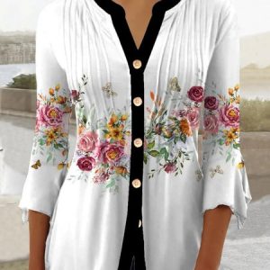 Floral V Neck Casual Loose Blouse, Shirts & Blouses, color:White|size:XXL, JustFashionNow