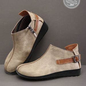 Khaki Leather Buckle Panel Retro Casual Ankle Boots, Boots, color:Khaki|size:43, JustFashionNow