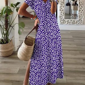 Casual Floral Short Sleeve V Neck Printed Dress, Dresses, color:Purple|size:XXL, JustFashionNow